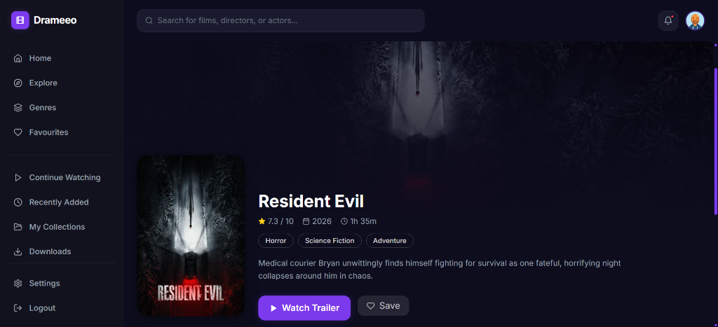Drameeo Movie Details Screen with Backdrop and Meta Tags