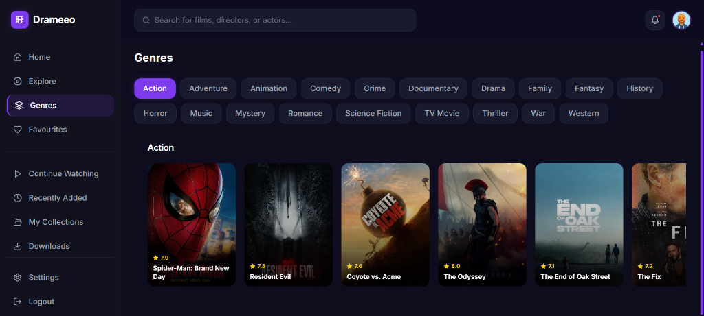Drameeo Genre Pills Filter and Movie Card Grid